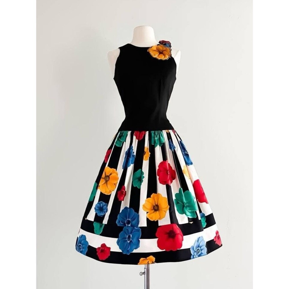 A.J. Bari NWT Deadstock VTG 80s Floral Stripe Open Back Black Bow Dress size 8